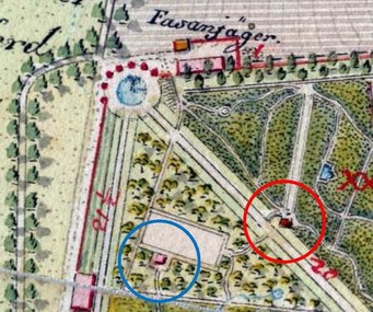 Letní jízdárna s Kůrovým domkem (modře) a Střelnice (červeně) – 1819 (výřez ČD 2)