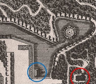 Přístaviště pro gondoly (modře) a Domek z hranice dříví (červeně) – 1802 (výřez KM 2)