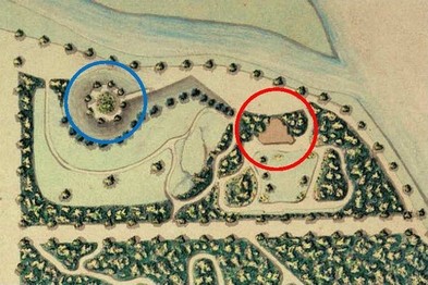 Čínský pavilón (modře) a Poustevna (červeně) – 1832 (výřez KM 7)
