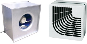 pklad ventiltoru Lindab vlevo velmi vkonn a vysoce inn ventiltor do tverhrannho vzduchotechnickho potrub, vpravo radiln ventiltor pro odtah vzduchu pmo skrz stnu nebo pes krtk vzduchotechnick potrub