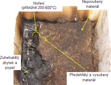 Obrzek 5: Pohyb ela a teploty v doutnajcm vzorku raeliny, je je 100 mm dlouh [5]