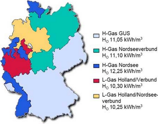 Obr. 3: Mapa dodvek plynu rznch vhevnost (L-Gas, H-Gas) (Zdroj: http://www.energieverbraucher.de/de/Brennwert-von-Erdgas__1614/)