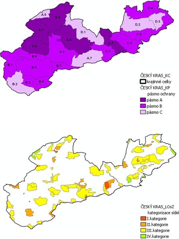 Obr 6. a 7.: CHKO ESK KRAS – schma odstupovan ochrany krajinnho rzu – II. rove ochrany – krajinn prostory (KP) a III. rove ochrany krajinnho rzu – kategorizace sdel (LOsZ), (K. TRBLOV HRONOVSK)