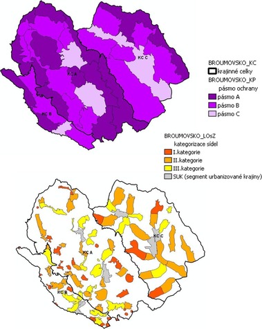 Obr 4. a 5.: CHKO BROUMOVSKO – schma odstupovan ochrany krajinnho rzu – II. rove ochrany – krajinn prostory (KP) a III. rove ochrany krajinnho rzu – kategorizace sdel (LOsZ), (K. TRBLOV HRONOVSK)