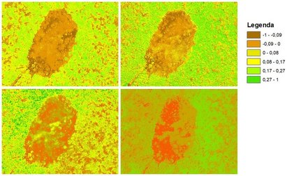 Obr. 7: Tvorba vegetanho indexu NDVI, kter popisuje kondici vegetace v uritm ase (zmny 2014 kvten, erven, srpen a 2015 srpen, J. edina, K. Pavelka, 2014)