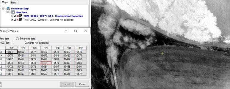 Obr. 13: Ukázka dat z termálního snímače Thermoimager (SenseFly), rozlišení 640×512 pixelů. 12 bit.