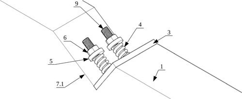Obr. 2.: Axonometrick pohled na systm kotven dvojice ocelovch lan – (1) – devn nosnk, (3) – ocelov plech s otvory, (4) – pruina, (5) – ocelov podloka, (6) – matice se zvitem, (7.1) – zez na hornm lci devnho nosnku, (9) – koncovka lana se zvitem