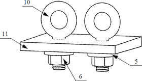 Obr. 3.: Axonometrick pohled detail ve zmn smru ocelovho lana – (5) – ocelov podloka, (6) – matice se zvitem, (10) – ocelov roub s okem, (11) – ocelov plech s otvory