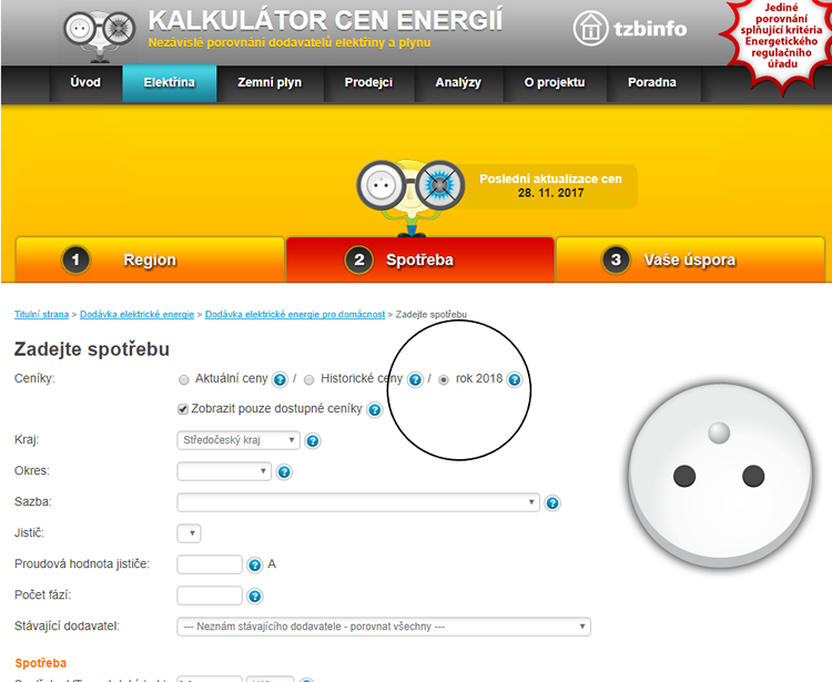 Obr1: V kalkultoru cen energi TZB-info je nov potno s regulovanmi cenami pro rok 2018