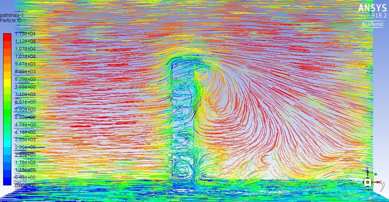Obrzek 1 – Simulace proudn vtru okolo hranat vov stavby, bon pohled [autor]