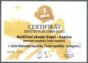 Certifikát za 1. místo v soutěži BEZPEČNÁ STAVBA EU 2016