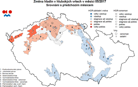 Obrzek 2: Zmna hladin podzemn vody v hlubokch vrtech 05/2017. Zdroj: esk hydrometeorologick stav. [online]. [cit. 9. 9. 2017]. Dostupn z: http://portal.chmi.cz/aktualni-situace/hydrologicka-situace/stav-podzemnich-vod