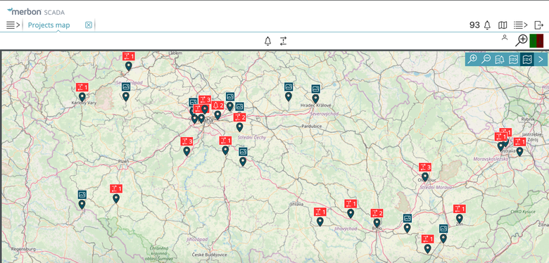 Obr. Mapa s aktivnmi alarmy ve vizualizaci