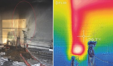 Obr. 8 Termovizn monitoring stny za mstem vzniku poru – zajitn en poru dutinou ve stn [7]