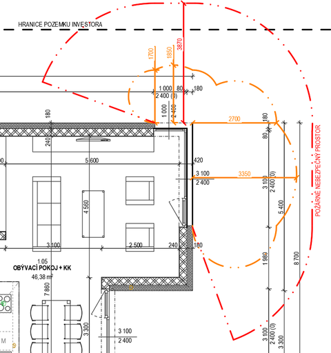 Obr. 1 Možný dopad použití různých přístupů stanovení požárně nebezpečného prostoru (červená: odstupová vzdálenost stanovená tabulkově, délka požárně otevřené plochy odpovídá rozvinuté délce celého rohového okna – na straně bezpečnosti; oranžová: odstupová vzdálenost stanovená zpřesněným výpočtem, určená samostatně pro každou sálavou plochu) [autor]