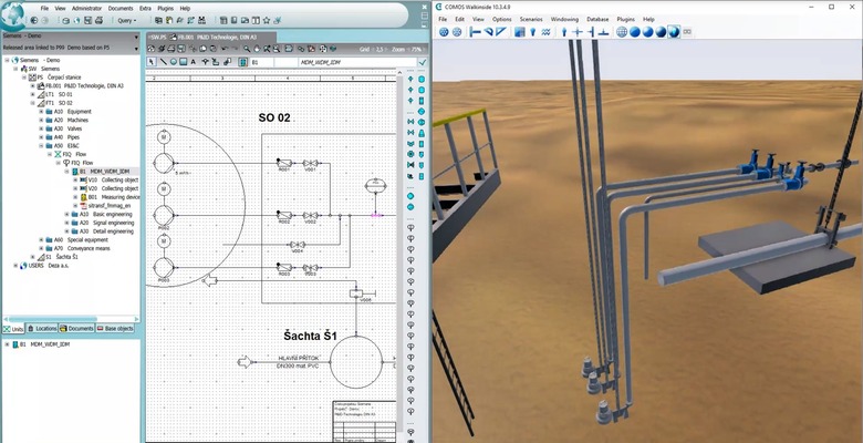 Obr. 3 Ukázka procesního schématu v objektové architektuře (vlevo) a 3D vizualizace WALKINSIDE (vpravo) ve společném zobrazení software COMOS