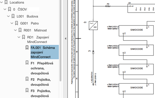 Obr. 4 Ukzka (vez) hierarchickho lenn objekt v projektov dokumentaci erpac stanice odpadnch vod zpracovan v objektov architektue, oteveno ve voln dostupnm PDF prohlei na PC