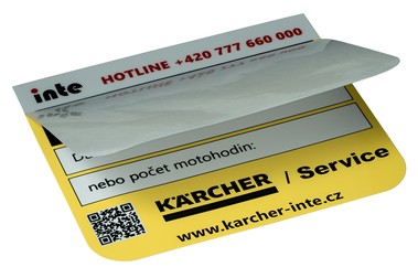 Bezpečnostní etiketa pro firmu Kärcher – etiketa typu RPK je opatřena tzv. klapkou, která se přelepí přes dodatečně dopsané údaje a tím je bezpečně kryje.