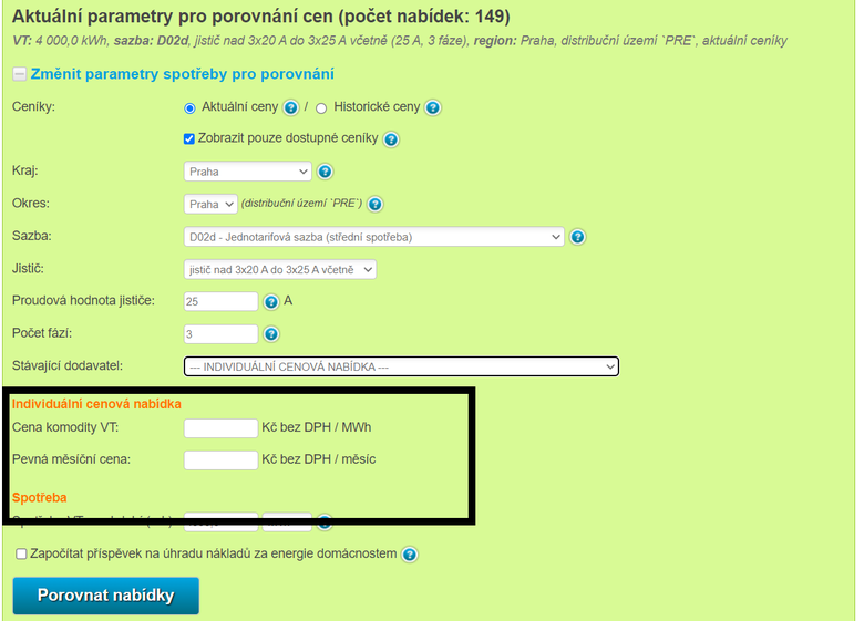 Obr. 3: Polka, kam se zadvaj ceny komodity a stlho platu bez DPH pi individuln cenov nabdce Kalkultoru cen energi TZB-info