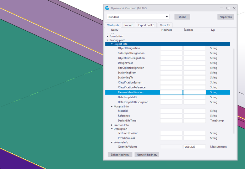 Obrzek 2 – Nstroj dynamick vlastnosti umouje definovat libovoln datov standard pro libovoln prvky v modelu. V tomto ppad se jedn o st datovho standardu SFDI.