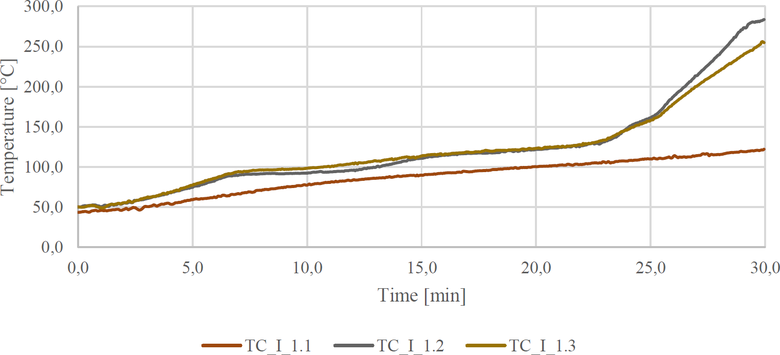 Obr.&nbsp;10: Vzorek&nbsp;2 (DP2); teploty nam��en� na interi�rov� stran� v&nbsp;ni��� �rovni