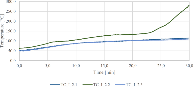 Obr.&nbsp;11: Vzorek&nbsp;2 (DP2); teploty nam��en� na interi�rov� stran� ve vy��� �rovni