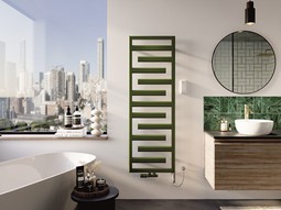 Radiátor Zehnder Tetris je dostupný v široké paletě odstínů. Tmavě zelená barva v tomto případě evokuje spojení s přírodou, na kterém je design radiátoru založen. Zdroj: © Zehnder Group