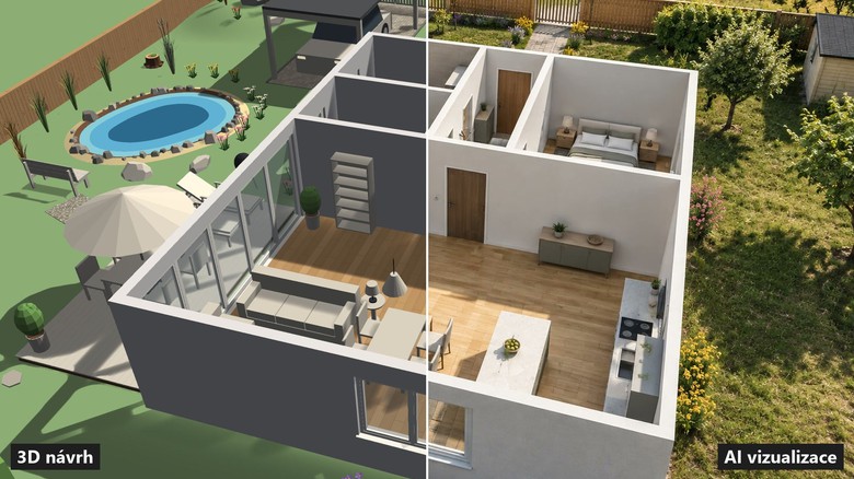 Tentýž návrh dvakrát: vlevo 3D model domu se zahradou z plánovače Homeplot, vpravo realistická vizualizace, kterou z něj vytvořila umělá inteligence. Foto: Jan Fűri, Homeplot Tentýž návrh dvakrát: vlevo 3D model domu se zahradou z plánovače Homeplot, vpravo realistická vizualizace, kterou z něj vytvořila umělá inteligence. Foto: Jan Fűri, Homeplot